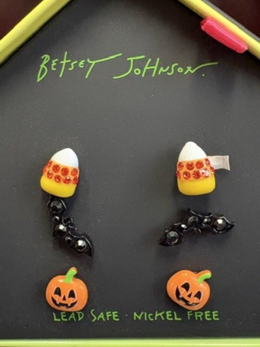 Betsey Johnson Halloween Earrings Candy Corn, Bats, Pumpkin - New